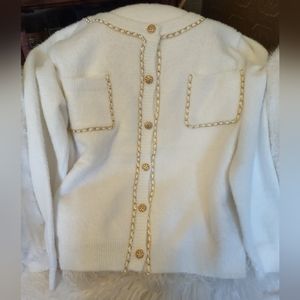 Nanette Lepore Luxurious White Cardigan, Gold & Faux Leather Trim, Gold Buttons